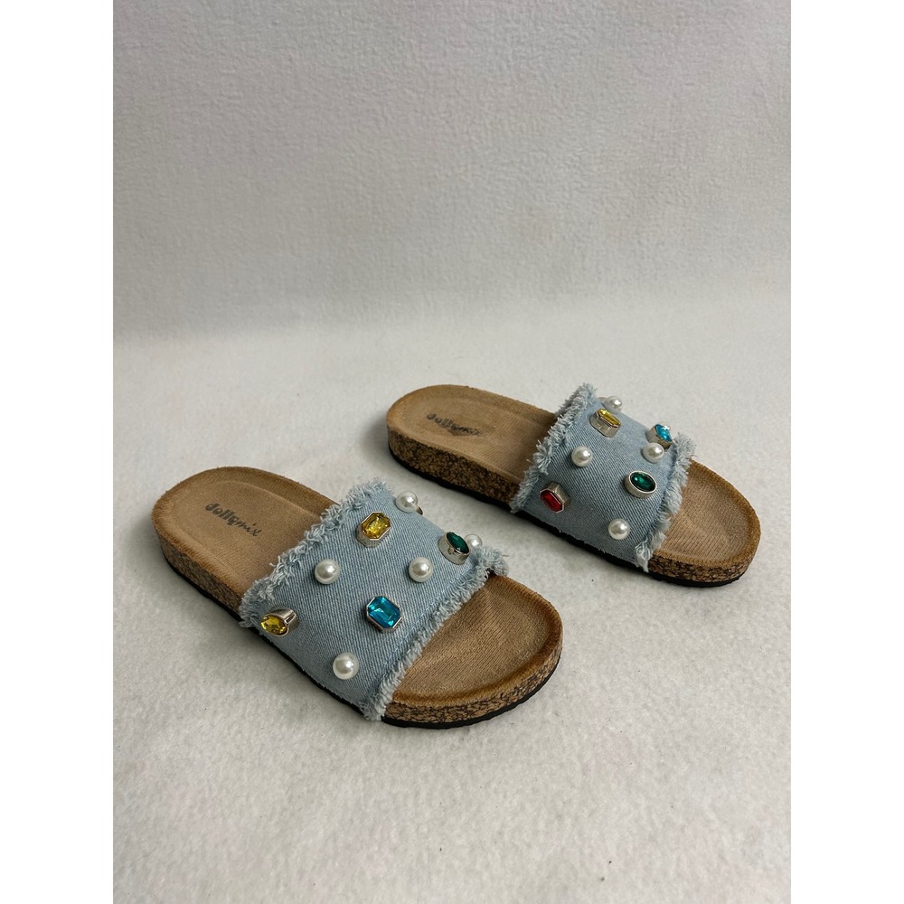 Boho Embellished Jollymix Womens 8 Blue Denim Frayed Pearl Rhinestone Slides